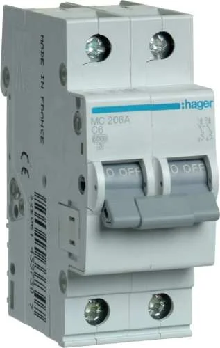 Автомат MC206 2Р 6A "C" 6kA HAGER