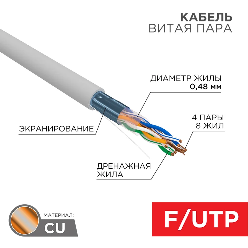 Кабель F/UTP, CAT 5е, PVC, 4PR, 24AWG, INDOOR, SOLID, серый, 305м, серия LIGHT, РФ REXANT 01-0152-R