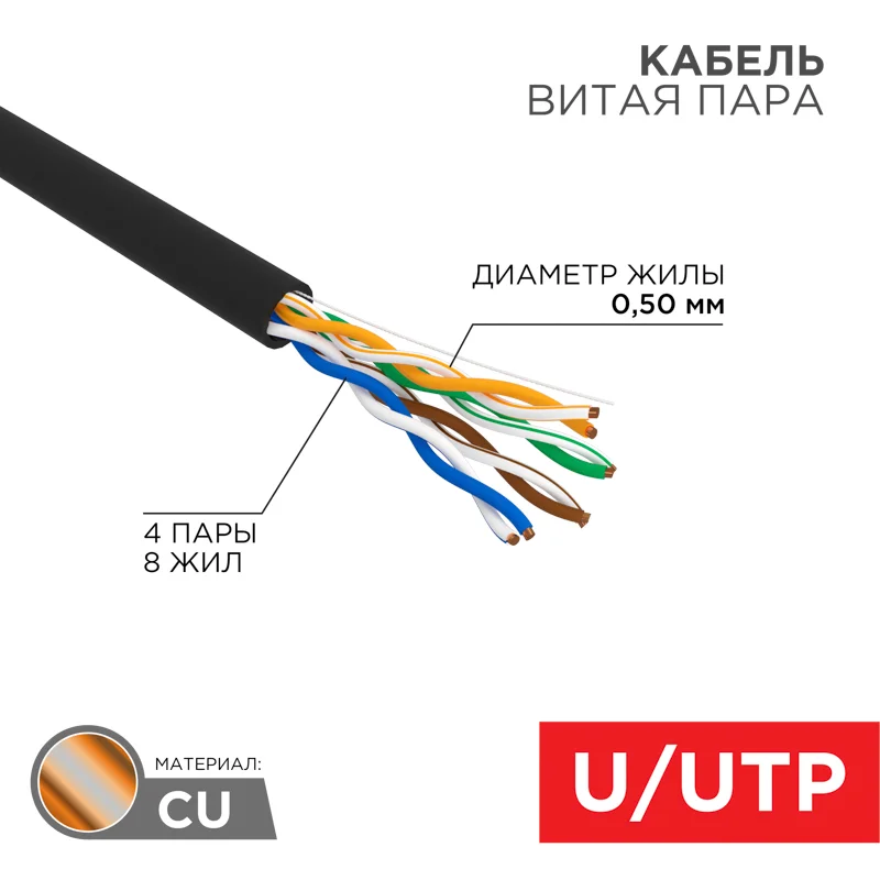 Кабель U/UTP, CAT 5e, PE, 4PR, 24AWG, OUTDOOR, SOLID, черный, 305м, РФ REXANT 01-0045-R
