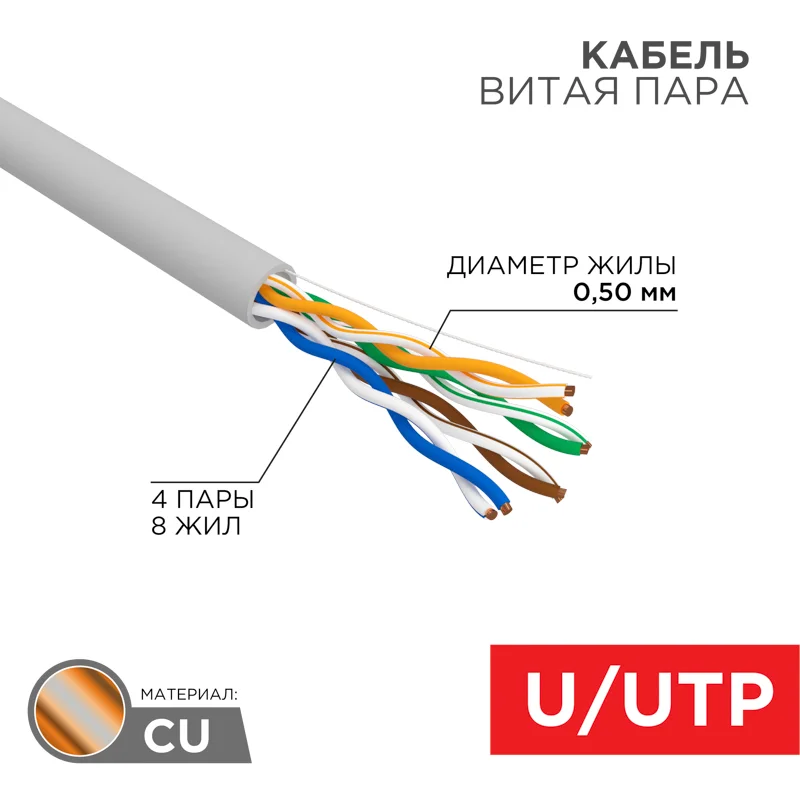 Кабель U/UTP, CAT 5e, PVC, 4PR, 24AWG, INDOOR, SOLID, серый, 305м, РФ REXANT 01-0043-R
