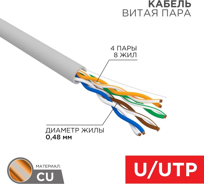 Кабель витая пара U/UTP, CAT 5e, PVC, 4PR, 24AWG, INDOOR, SOLID, серый, 305м, серия LIGHT, РФ REXANT