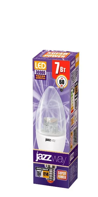 Лампа LED 7W E14 CLEAR C37 3000K 230V JazzWay свеча прозрачная 540Lm PLED-SP
