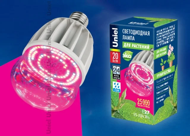 Лампа светод. для растений 20W A60 UNIEL LED-M80-20W/SP/E27/CL ALS55WH