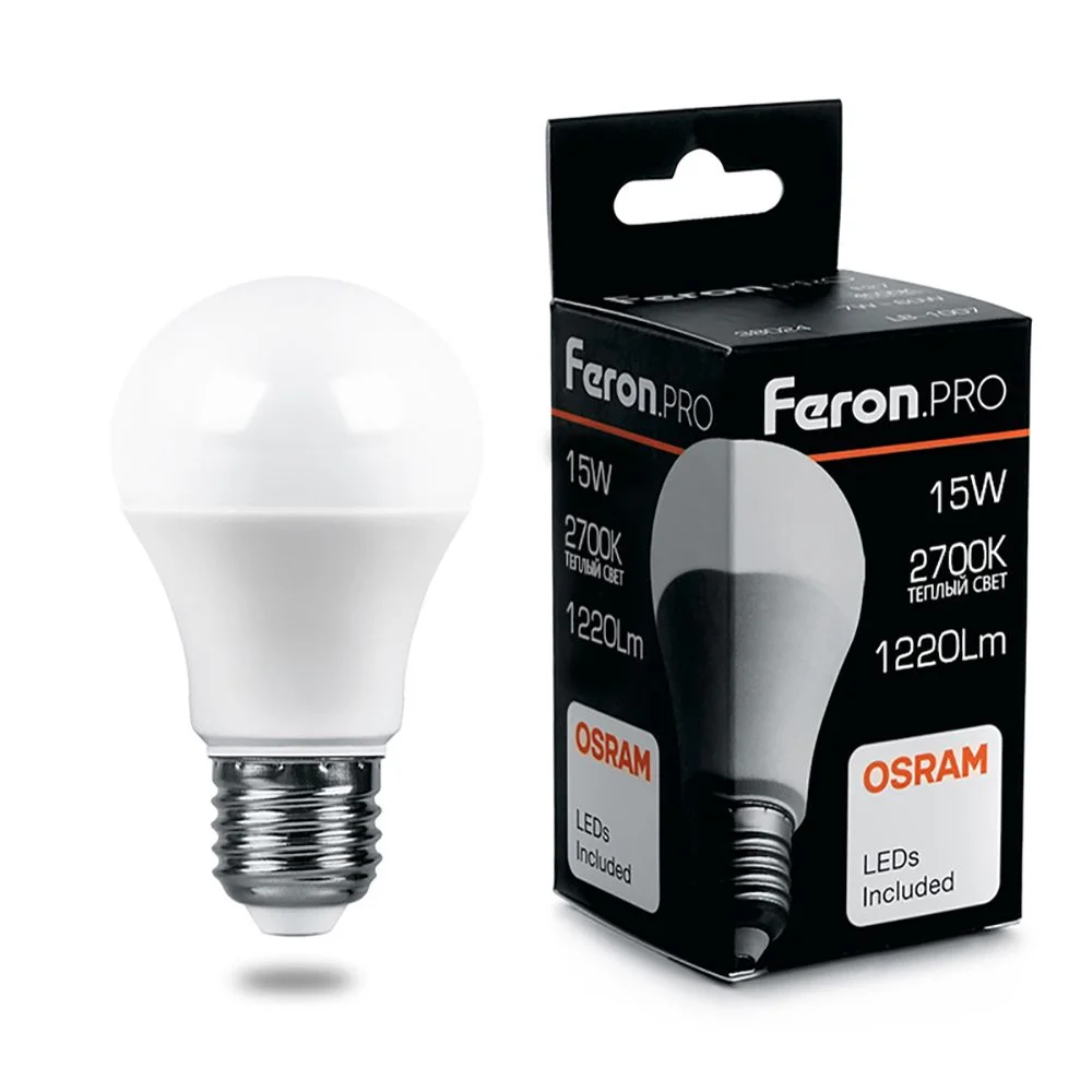 Лампа светодиодная 15W A60 230V E27 2700K A60, 1220Лм LB-1015 Feron Pro (Osram) арт. 38035