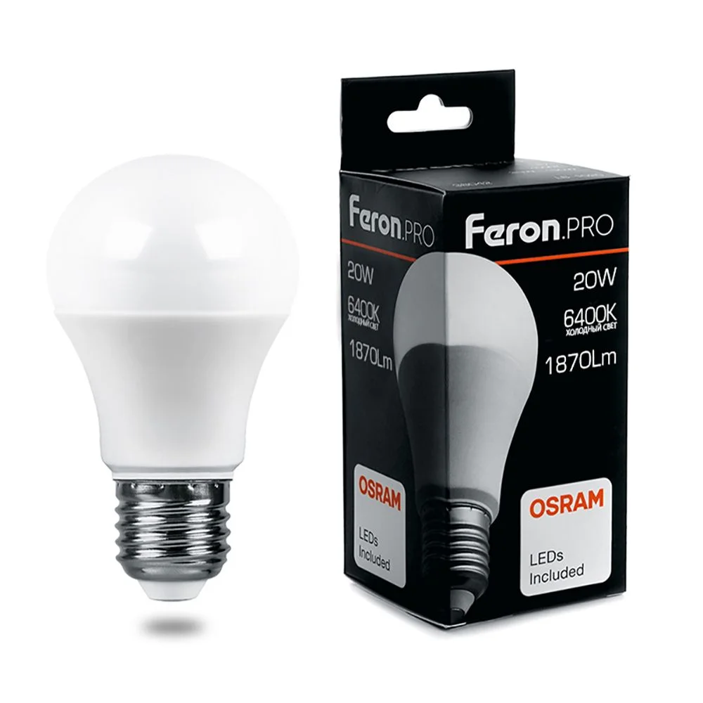 Лампа светодиодная 20W A65 230V E27 6400K A65, 1870Лм LB-1020 Feron Pro (Osram) арт. 38043