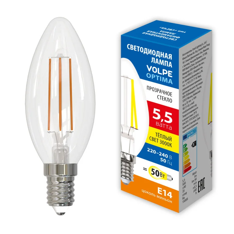 Лампа светодиодная 5.5W "свеча" прозрачная Теплый белый свет (3000K) Volpe LED-C35-5,5W/3000K/E14/C