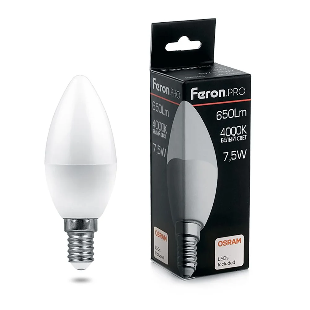 Лампа светодиодная 7.5W С37 (Свеча) 230V E14 4000K 650Лм 37х100 LB-1307 Feron Pro (Osram) арт. 38054