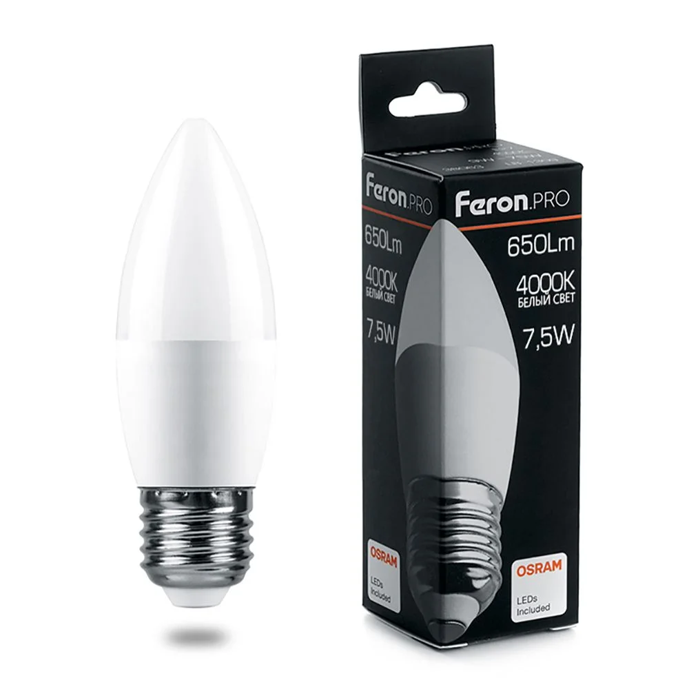 Лампа светодиодная 7.5W С37 (Свеча) 230V E27 4000K 650Лм 37х100 LB-1307 Feron Pro (Osram) арт. 38057