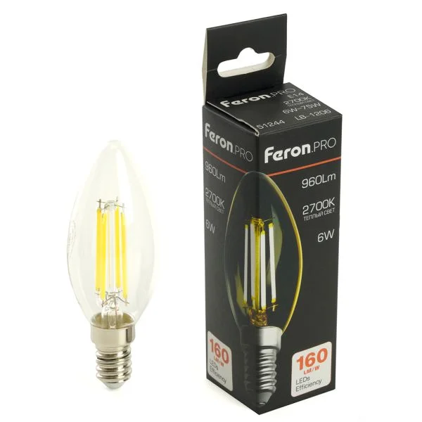 Лампа светодиодная, 960LM 6W 175-265V E14 2700K 160LM/W C35 прозрачная, LB-1206 Арт. 51244