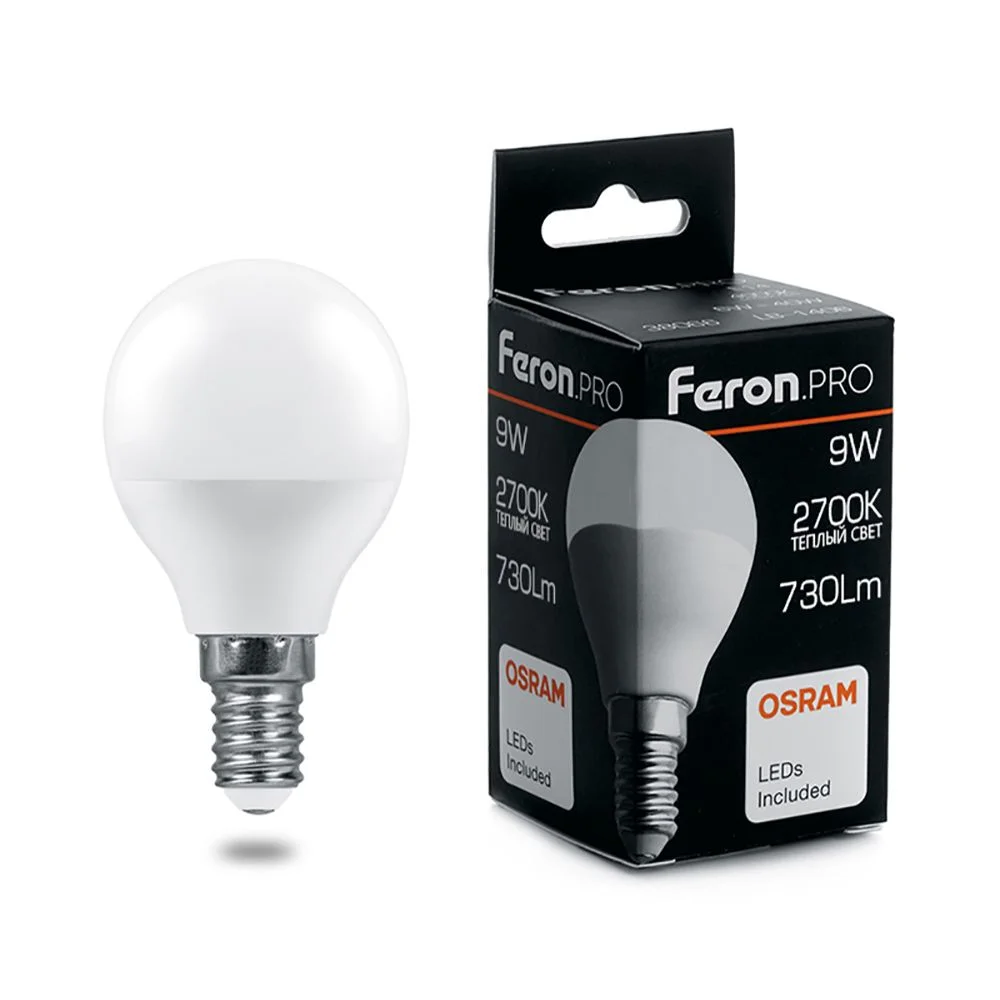Лампа светодиодная 9W G45 (Шарик) 230V E14 2700K 730Лм 45х81 LB-1409 Feron Pro (Osram) арт. 38077