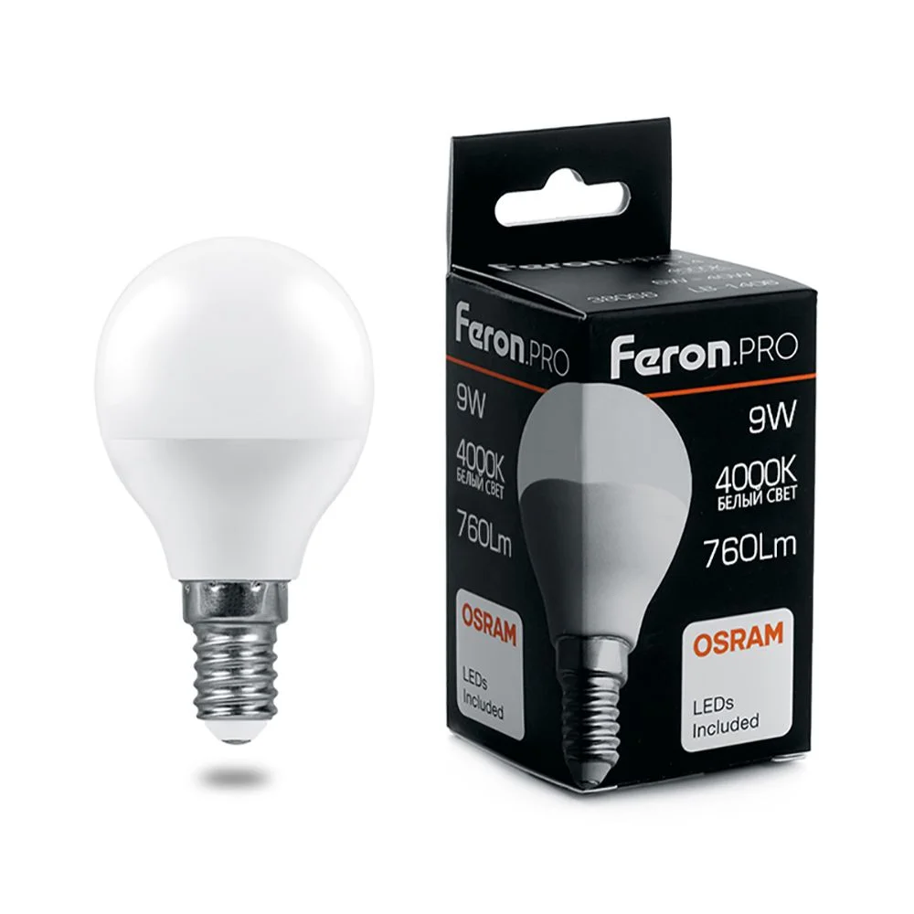 Лампа светодиодная 9W G45 (Шарик) 230V E14 4000K 750Лм 45х81 LB-1409 Feron Pro (Osram) арт. 38078