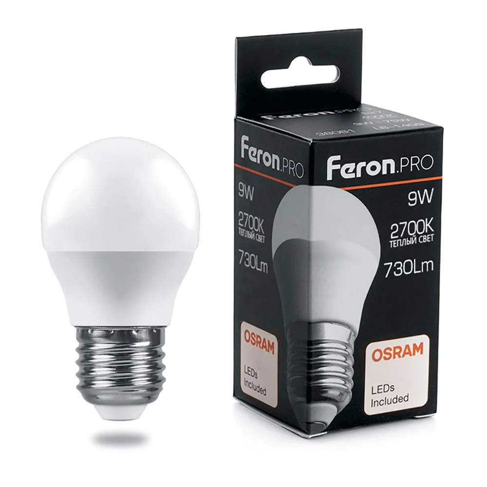 Лампа светодиодная 9W G45 (Шарик) 230V E27 2700K 730Лм 45х90 LB-1409 Feron Pro (Osram) арт. 38080