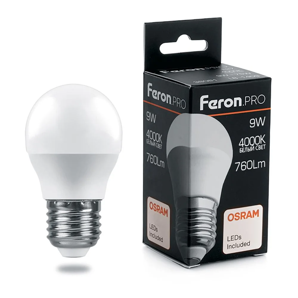 Лампа светодиодная 9W G45 (Шарик) 230V E27 4000K 760Лм 45х90 LB-1409 Feron Pro (Osram) арт. 38081