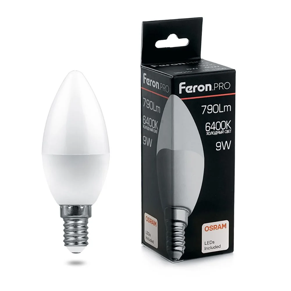 Лампа светодиодная 9W С37 (Свеча) 230V E14 6400K 790Лм 37х100 LB-1309 Feron Pro (Osram) арт. 38061