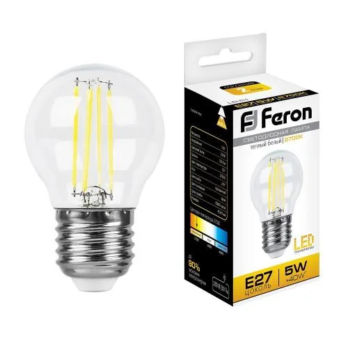 Лампа светодиодная, G45 шарик (5W) 230V E27 2700K, LB-61 Feron 25581