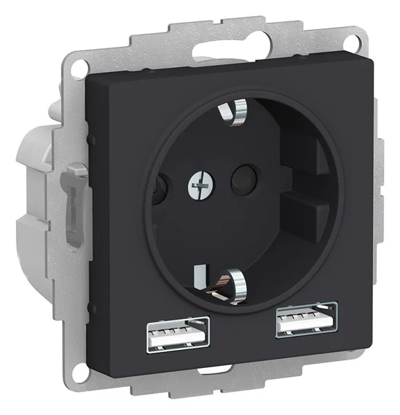 Розетка с/п 1-м с/з с/ш + USBх2 тип A+A 5В/2.4А 2х5В/1.2А AtlasDesign 16А IP20 механизм карбон SE AT