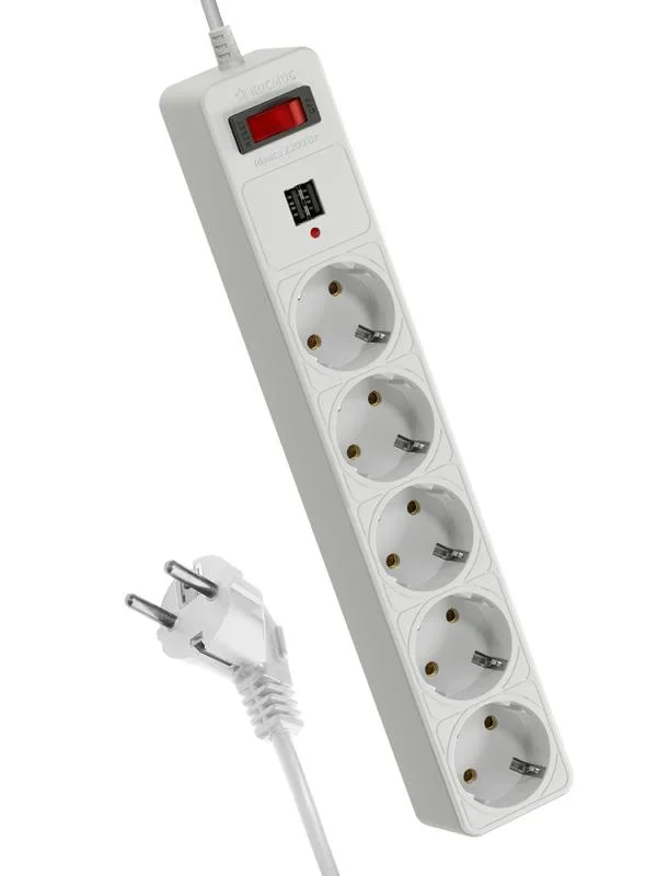 Сетевой фильтр 5 гнезд + 2USB с заземл. 10А (2,2 кВт) шнур 1,8м белый КОСМОС