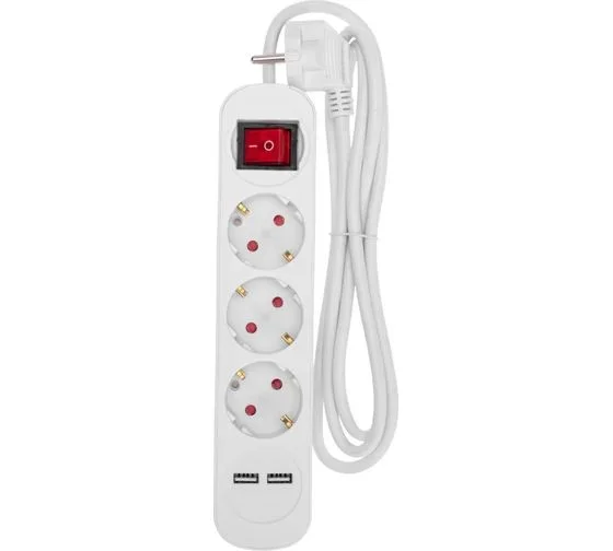 Удлинитель 3 гнезда + 2 USB, с/з, с выключателем, 16А, шнур 1,5м белый, REXANT 13-4015 нн
