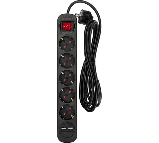 Удлинитель 5 гнезд+ 2 USB, с/з, с выключателем, 16А, шнур 3м, черный, REXANT 13-4041