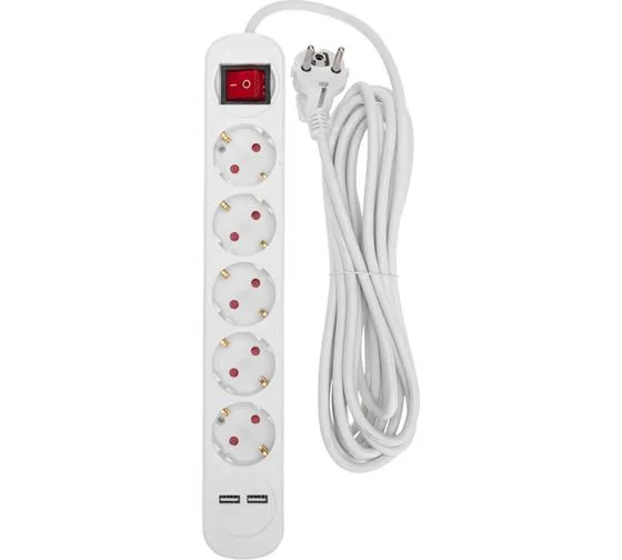 Удлинитель 5 гнезд+ 2 USB, с/з, с выключателем, 16А, шнур 5м, белый, REXANT 13-4036