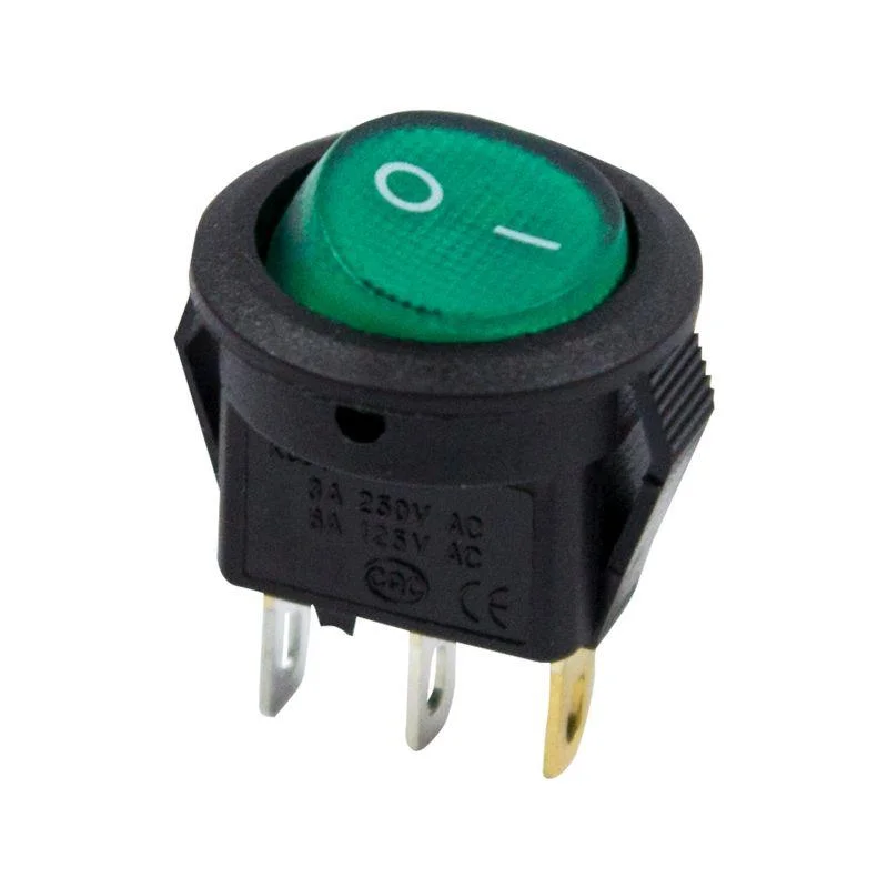 Выключатель клавишный круглый 250V 3А (3с) ON-OFF зеленый с подсветкой Micro REXANT 36-2533
